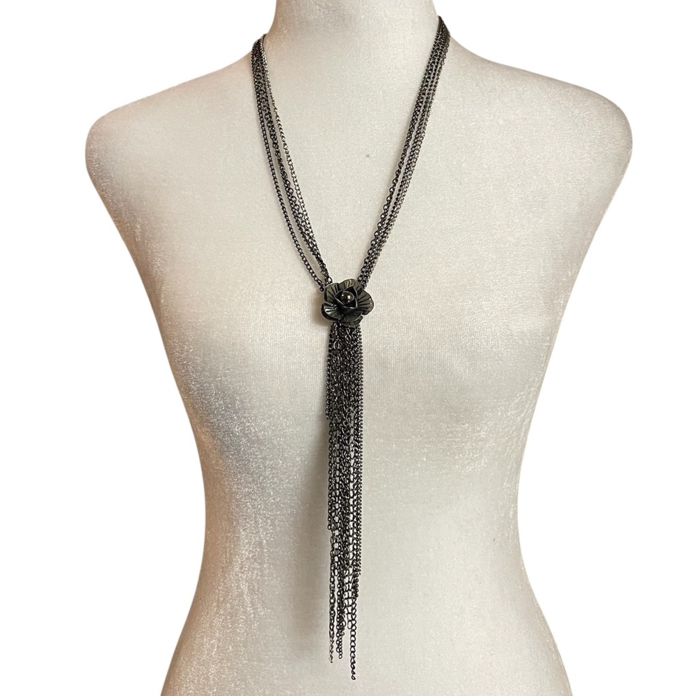 Maurices Y2K Black & Silver Multi Chain and Flower Y Necklace